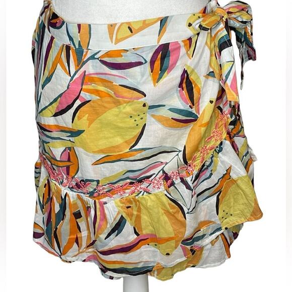C&C California Mini Skirt Lemon Faux Wrap Waist Embroidered tiered hem Large - Picture 1 of 11